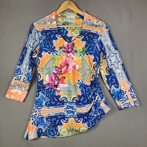Patchington Womens Top Asymmetrical Hem Bright Boho Florals Colorful Size M